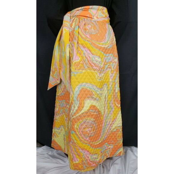 70s Bold Orange Oil Slick Quilted Maxi Skirt Sz 10 Park East by Swirl Mod Op Art - Picture 6 of 15